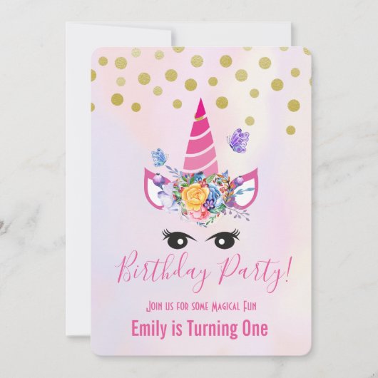 トレンディーピンクのユニコーンと花の誕生日パーティー 招待状 (正面)