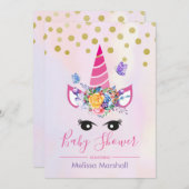 トレンディーピンクのユニコーンと花ベビーシャワー 招待状 (正面/裏面)