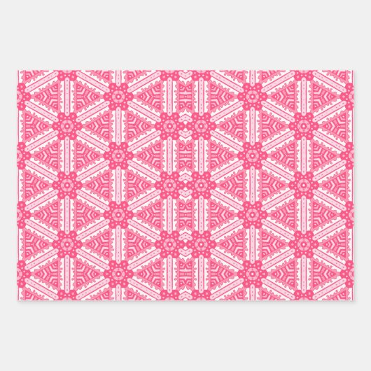 トレンディーピンクの白い図形の幾何学的パターン ラッピングペーパーシート (正面3)