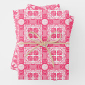 トレンディーピンクの白い図形の幾何学的パターン ラッピングペーパーシート (インサイチュ)