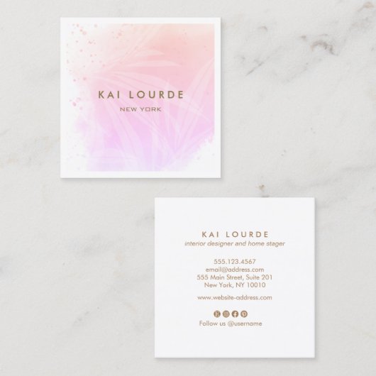 トレンディーピンクウォーターカラープラント葉ズスクエア スクエア名刺 (正面/裏面)