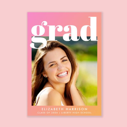 トレンディーピンクオレンジ写真卒業パーティー 招待状