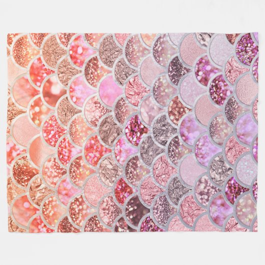 トレンディーピンクグラデーショングリッターマーメイドフィッシュはかりで測 フリースブランケット (正面(横))