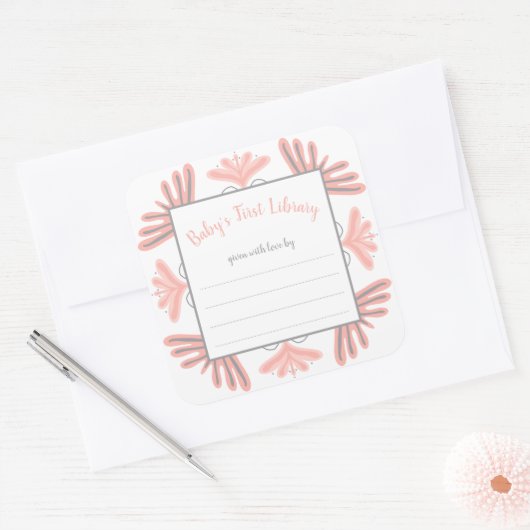 トレンディーピンクグレイ女の子の赤ちゃんシャワー蔵書票ラベル スクエアシール (封筒)