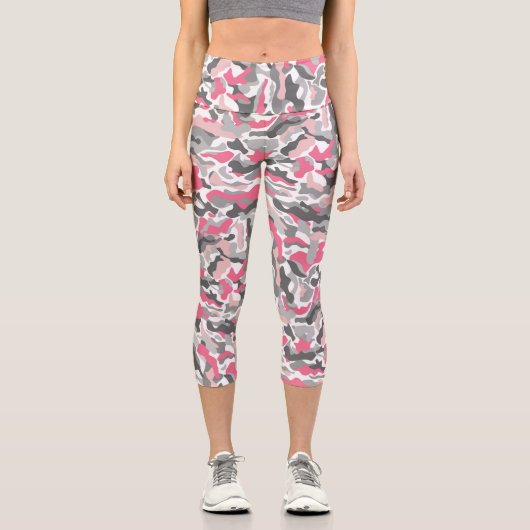 トレンディーピンクグレーの迷彩柄 カプリレギンス (正面)