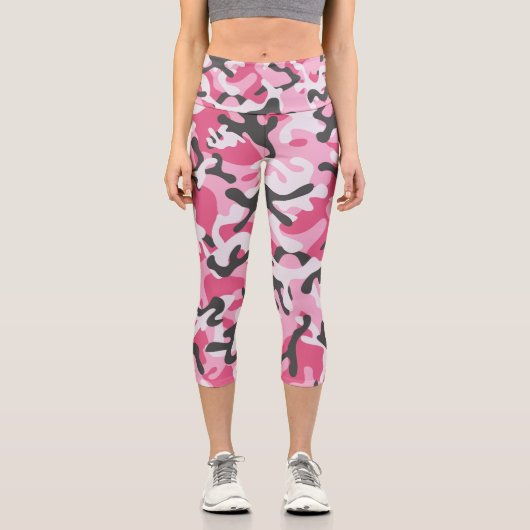 トレンディーピンクグレーホワイト迷彩柄パターン夏 カプリレギンス (正面)