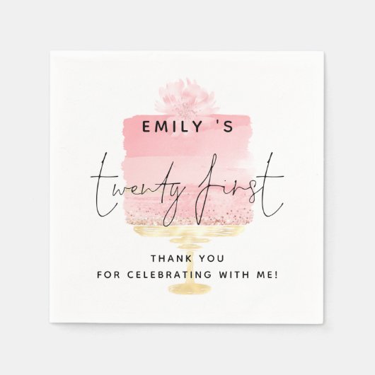 トレンディーピンクケーキ名21歳の誕生日ありがとう スタンダードカクテルナプキン (正面)