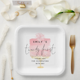 トレンディーピンクケーキ名21歳の誕生日ありがとう ペーパープレート