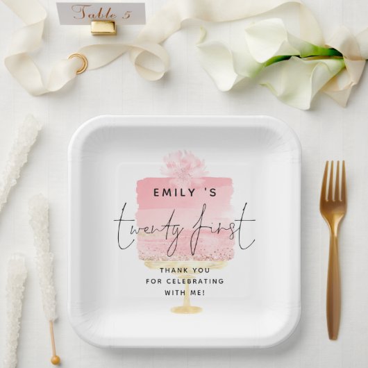 トレンディーピンクケーキ名21歳の誕生日ありがとう ペーパープレート (ウェディング)
