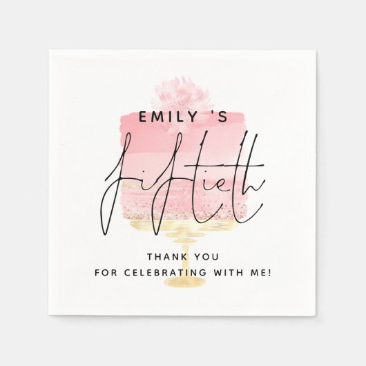 トレンディーピンクケーキ名50誕生日ありがとう スタンダードカクテルナプキン (正面)