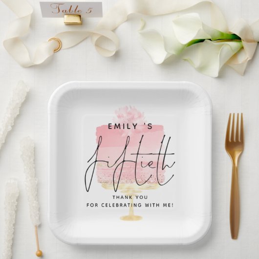 トレンディーピンクケーキ名50誕生日ありがとう ペーパープレート (ウェディング)