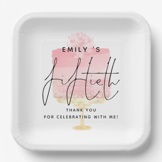 トレンディーピンクケーキ名50誕生日ありがとう ペーパープレート (正面)