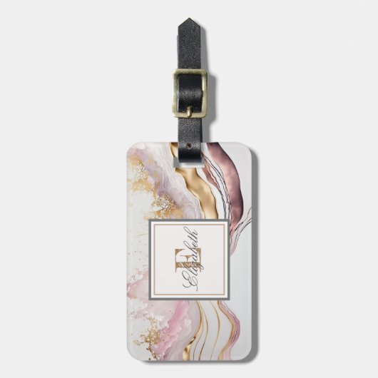 トレンディーピンクストーン大理石テクスチャ、モノグラム ラゲッジタグ (正面縦)