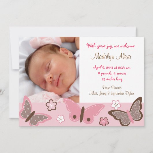トレンディーピンクバタフライ写真誕生のお知らせ 案内状 (正面)