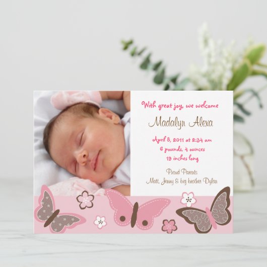 トレンディーピンクバタフライ写真誕生のお知らせ 案内状 (スタンド正面)