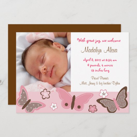 トレンディーピンクバタフライ写真誕生のお知らせ 案内状 (正面/裏面)