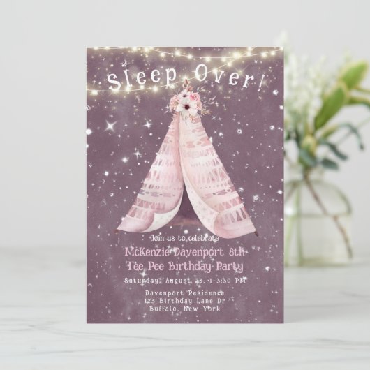 トレンディーピンクパープルティーピーガールバースデーパーティー 招待状 (スタンド正面)