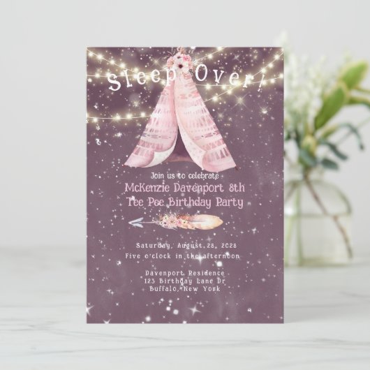 トレンディーピンクパープルティーピーガールバースデーパーティーInv 招待状 (スタンド正面)