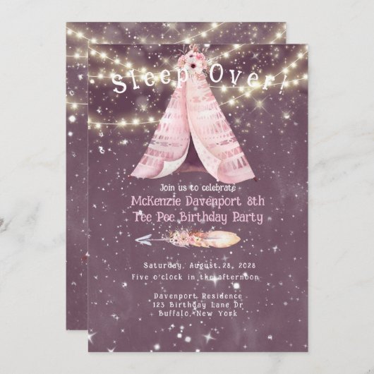 トレンディーピンクパープルティーピーガールバースデーパーティーInv 招待状 (正面/裏面)