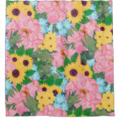 トレンディーピンクピニーズイエローサンフラワーズウォーターカラー シャワーカーテン (正面)