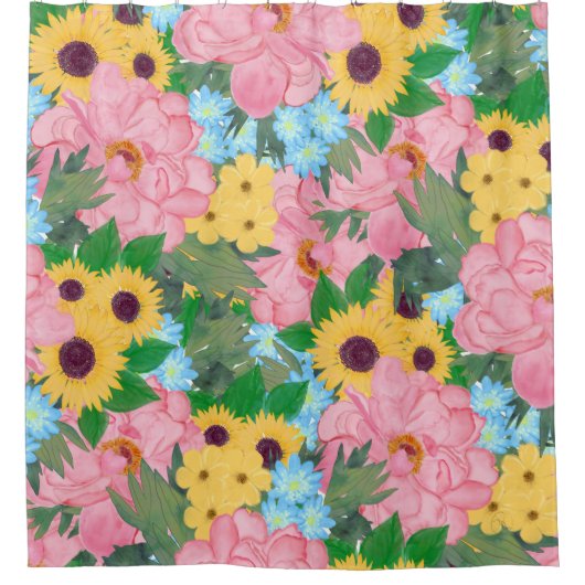 トレンディーピンクピニーズイエローサンフラワーズウォーターカラー シャワーカーテン (正面)