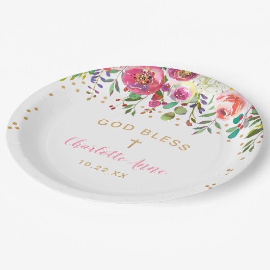 トレンディーピンクフローラガールバプテスマお祝いデコール ペーパープレート (アングル)