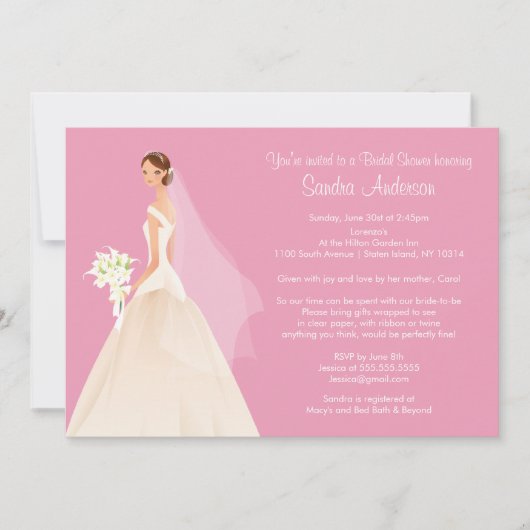 トレンディーピンクブルネットブライドブライダルシャワー招待状 招待状 (正面)