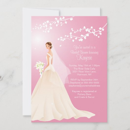トレンディーピンクブルネットブライドブライダルシャワー招待状 招待状 (正面)