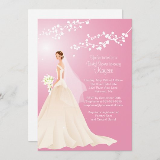 トレンディーピンクブルネットブライドブライダルシャワー招待状 招待状 (正面/裏面)