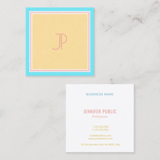 トレンディーピンクブルーイエローモノグラムモダンテンプレート スクエア名刺 (正面/裏面)