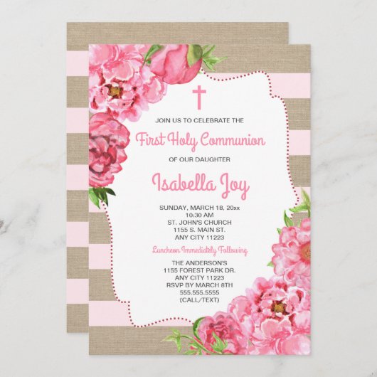 トレンディーピンクペニーファーストホリーコミュニオンカンバス 招待状 (正面/裏面)