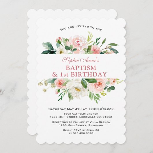 トレンディーピンクホワイトフローラバプティスファースト誕生日 招待状 (正面/裏面)
