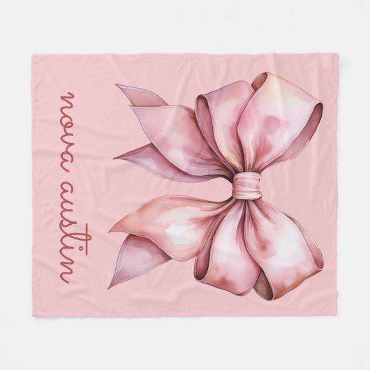 トレンディーピンクボウパーソナライズされたネーム・モノグラム フリースブランケット (正面(横))