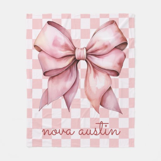 トレンディーピンクボウパーソナライズされたネーム・モノグラム フリースブランケット (正面)