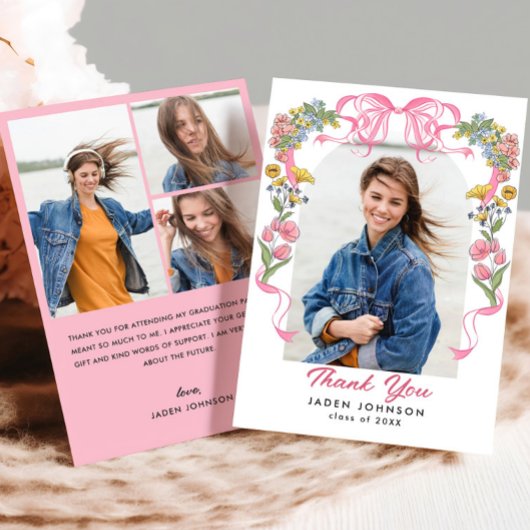 トレンディーピンクボウリボン4 PHOTO卒業パーティー サンキューカード