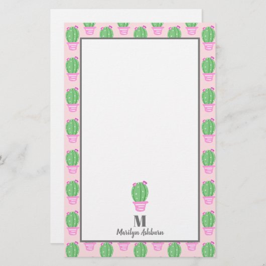 トレンディーピンクポットサボテン |パーソナライズされた | 便箋 (正面/裏面)