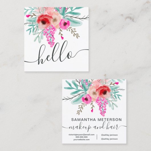 トレンディーピンクミントフローラ水色helloスクリプト スクエア名刺 (正面/裏面)