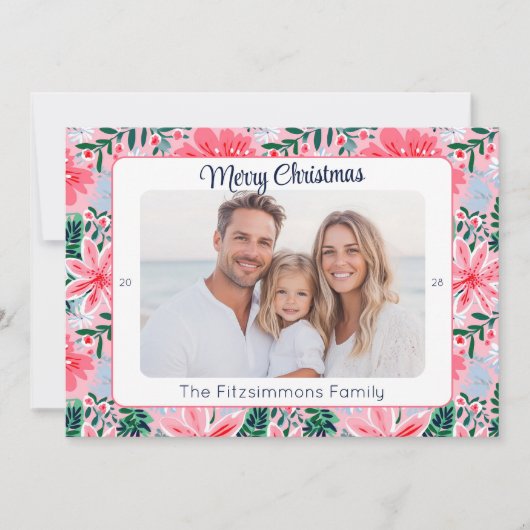 トレンディーピンクモダンメリークリスマスフォト シーズンカード (正面)