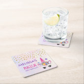 トレンディーピンクユニコーン紙吹雪&フラワーズ誕生日 スクエアペーパーコースター (インサイチュ)