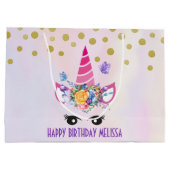 トレンディーピンクユニコーン紙吹雪&フラワーズ誕生日 ラージペーパーバッグ (裏面)