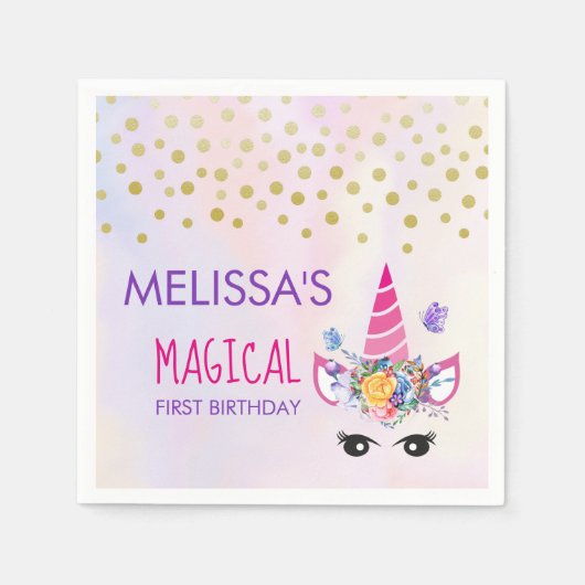 トレンディーピンクユニコーン紙吹雪&フラワーファースト誕生 スタンダードカクテルナプキン (正面)