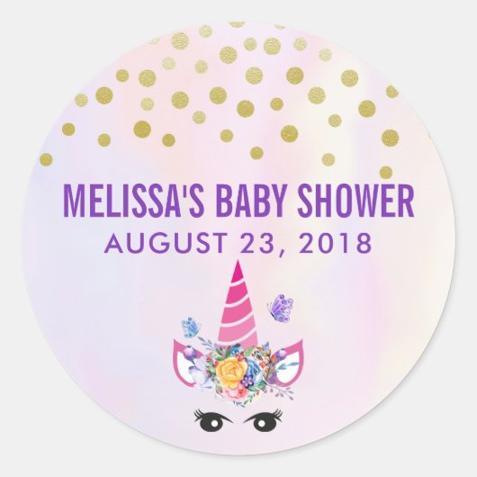 トレンディーピンクユニコーン紙吹雪&フラワーベビーシャワー ラウンドシール (正面)