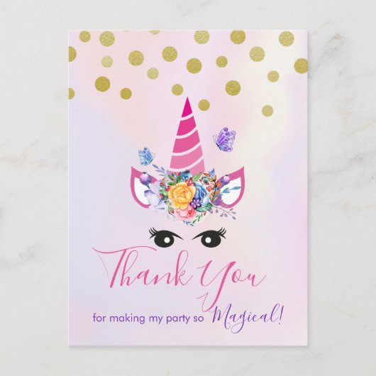 トレンディーピンクユニコーン花とパーティーありがとう ポストカード (正面)