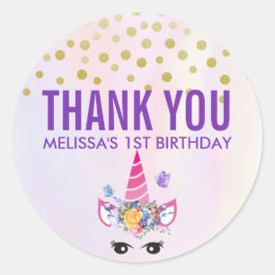 トレンディーピンクユニコーン花誕生日 ラウンドシール