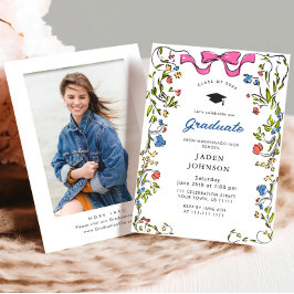 トレンディーピンクリボン写真卒業パーティー 招待状