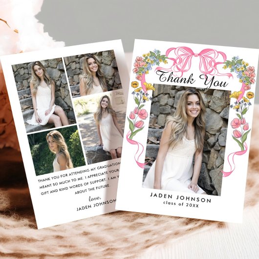 トレンディーピンクリボン5写真卒業パーティー サンキューカード