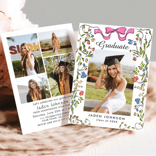 トレンディーピンクリボン5写真卒業パーティー 招待状