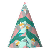 トレンディーピンクレインボーフィンチバードアンドグリーンリーフ パーティーハット (裏面)