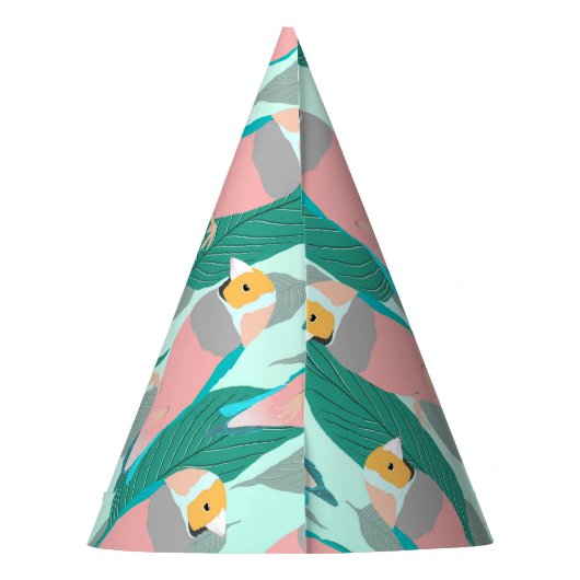 トレンディーピンクレインボーフィンチバードアンドグリーンリーフ パーティーハット (裏面)