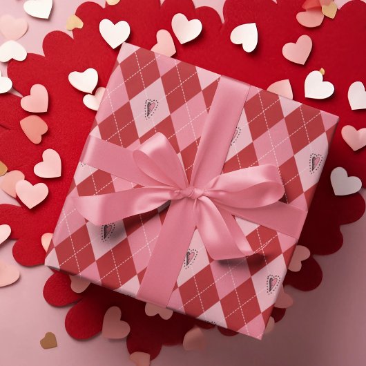 トレンディーピンクレッド大アーガイルハートパターン子供 ラッピングペーパー